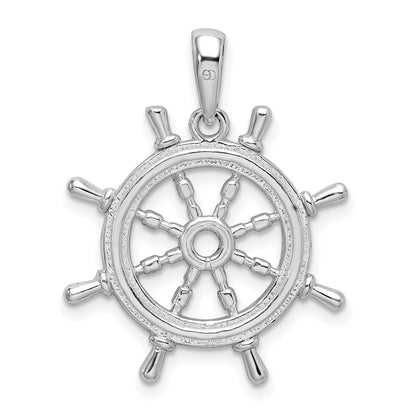 Sterling Silver De-Ani Rhodium-Plated Polished Cut-Out 3D Ships Wheel Pendant