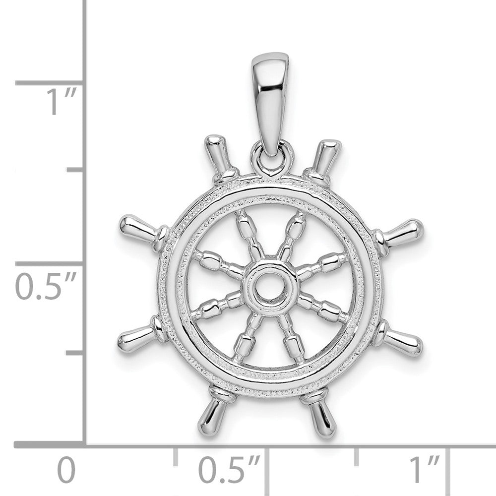 Sterling Silver De-Ani Rhodium-Plated Polished Cut-Out 3D Ships Wheel Pendant