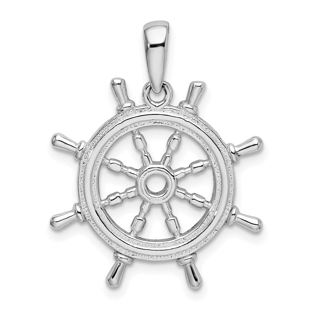 Sterling Silver De-Ani Rhodium-Plated Polished Cut-Out 3D Ships Wheel Pendant