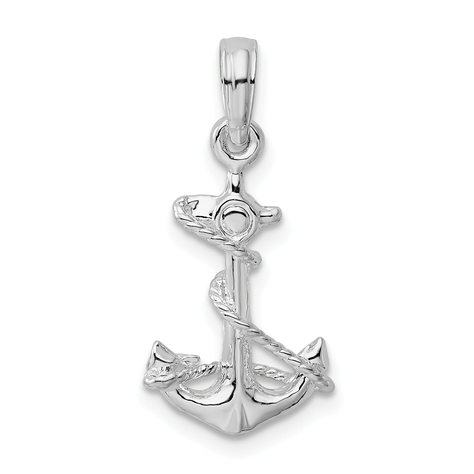 Sterling Silver De-Ani Rhodium-Plated Polished 3D Anchor With Rope Pendant