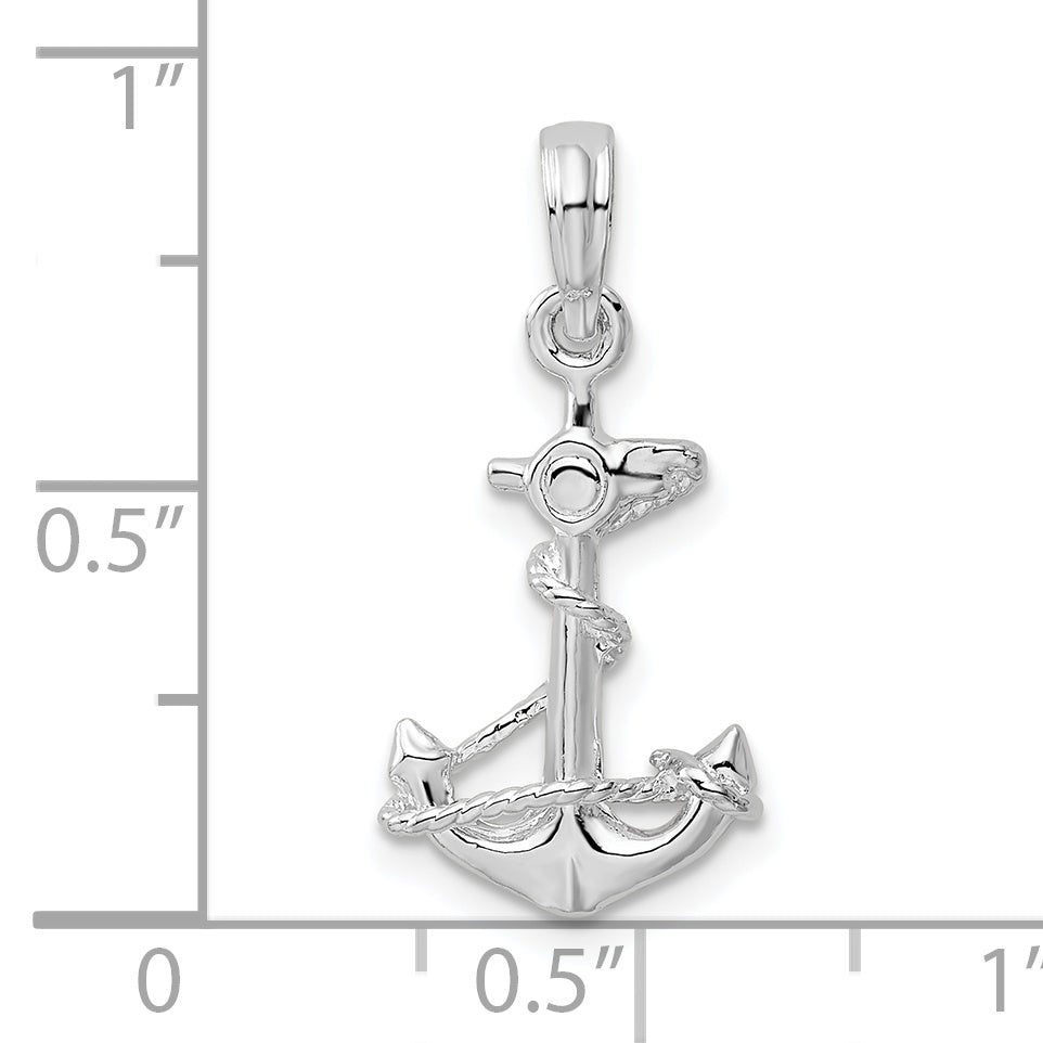 Sterling Silver De-Ani Rhodium-Plated Polished 3D Anchor With Rope Pendant
