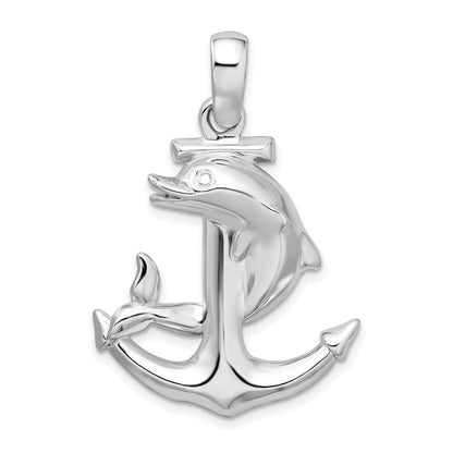 Sterling Silver De-Ani Rhodium-Plated Polished Large Dolphin And Anchor Pendant