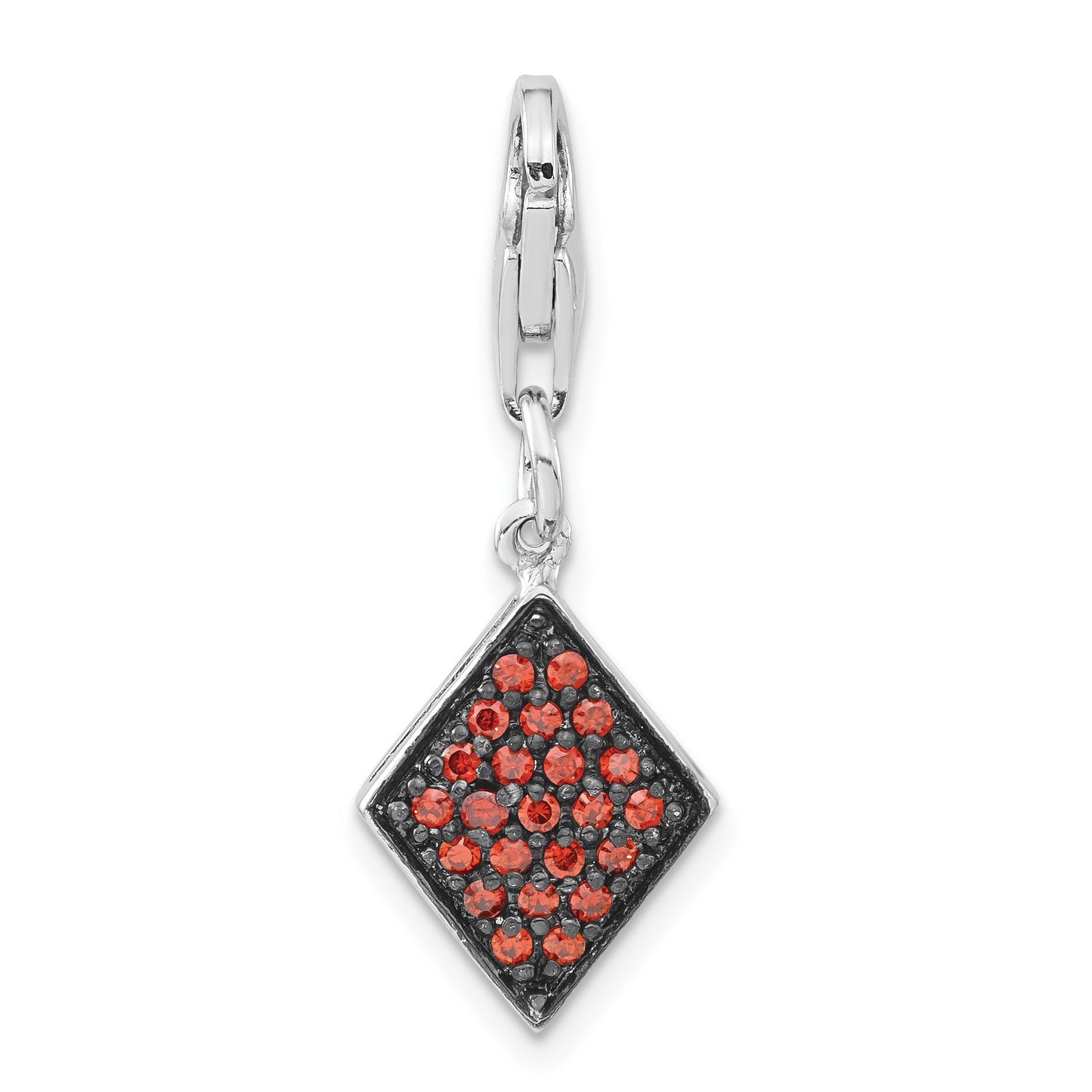 Sterling Silver Rhodium-Plated Red Cz & Enamel Diamond Shaped W/Lobster Clasp Charm