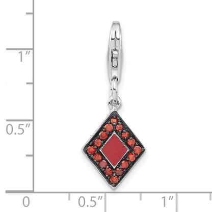 Sterling Silver Rhodium-Plated Red Cz & Enamel Diamond Shaped W/Lobster Clasp Charm