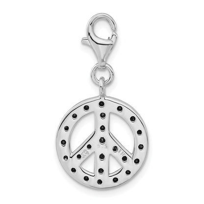Sterling Silver Polished Black Cz Peace Sign W/ Lobster Clasp Charm