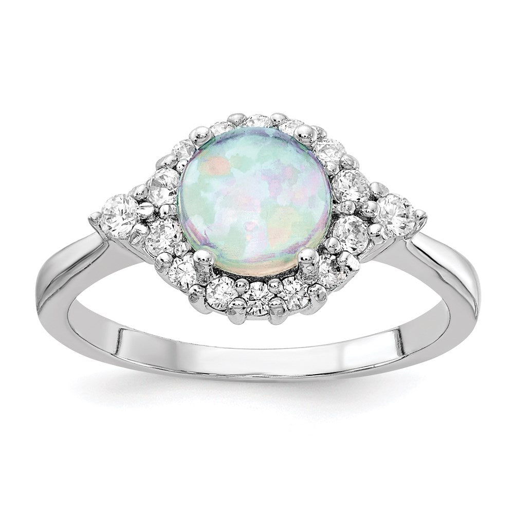 Sterling Silver Cheryl M Rhodium-Plated Cabochon Lab Created Opal And Brilliant-Cut Cz Ring