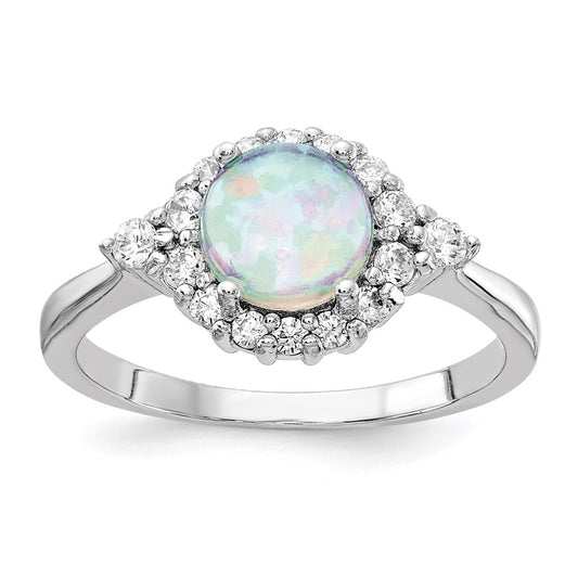 Sterling Silver Cheryl M Rhodium-Plated Cabochon Lab Created Opal And Brilliant-Cut Cz Ring
