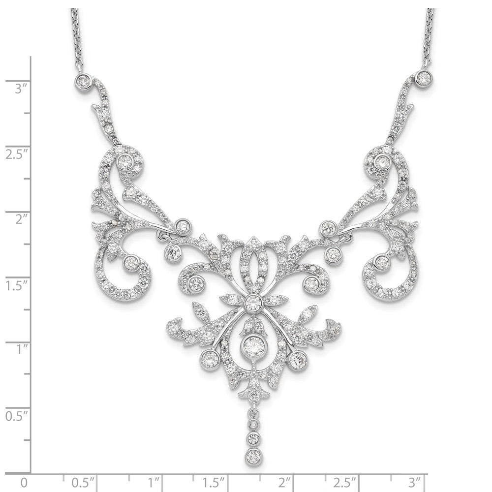 Sterling Silver Cheryl M Rhodium-Plated Brilliant-Cut Cz Bezel Fancy Scroll 17 Inch Necklace With 2 Extender