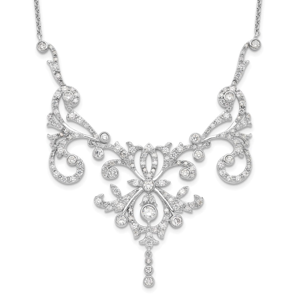 Sterling Silver Cheryl M Rhodium-Plated Brilliant-Cut Cz Bezel Fancy Scroll 17 Inch Necklace With 2 Extender