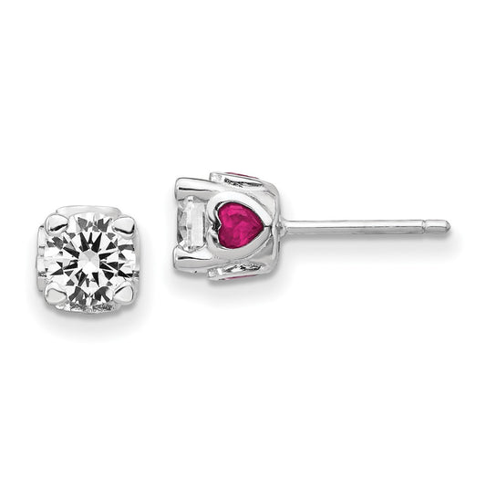 Sterling Silver Cheryl M Rhodium-Plated Brilliant-Cut Lab Created Ruby And White Cz With Heart Sides Stud Post Earrings