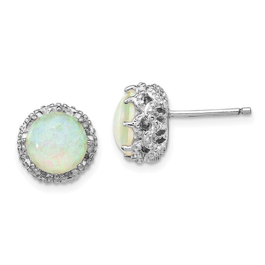 Sterling Silver Cheryl M Rhodium-Plated Cabochon Lab Created Opal And Brilliant-Cut Cz Post Stud Earrings
