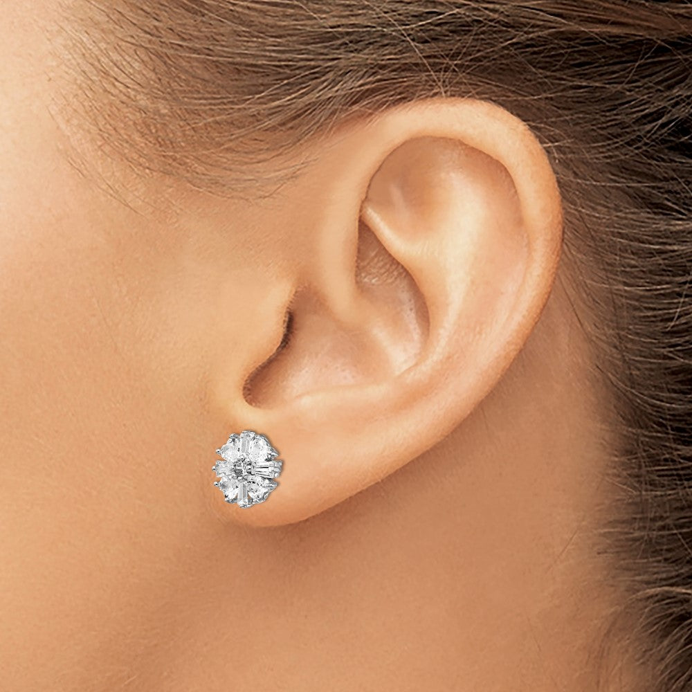 Sterling Silver Cheryl M Rhodium-Plated Emerald-Cut And Brilliant-Cut Cz Cluster Post Earrings