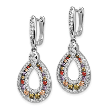 Sterling Silver Cheryl M Rhodium-Plated Multi-Color Brilliant-Cut Cz Teardrop Hinged Post Dangle Earrings