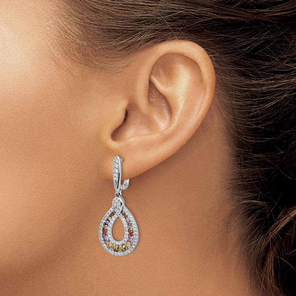 Sterling Silver Cheryl M Rhodium-Plated Multi-Color Brilliant-Cut Cz Teardrop Hinged Post Dangle Earrings