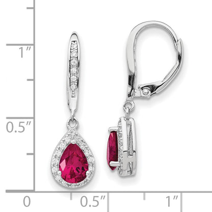 Sterling Silver Cheryl M Rhodium-Plated Brilliant-Cut Lab Created Ruby And White Cz Teardrop Leverback Dangle Earrings