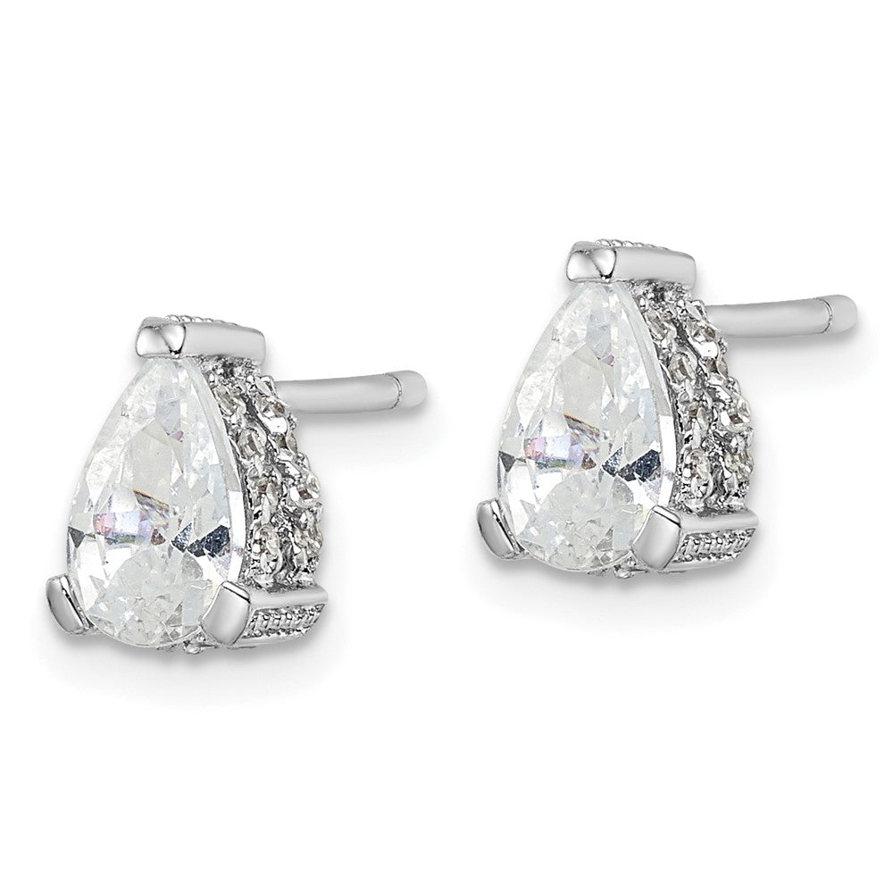 Sterling Silver Cheryl M Rhodium-Plated Brilliant-Cut Pear Shaped Cz With Pave Gallery Post Stud Earrings
