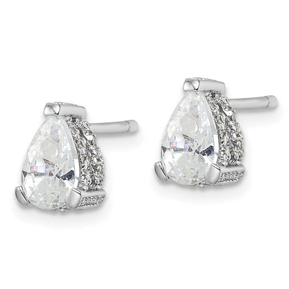 Sterling Silver Cheryl M Rhodium-Plated Brilliant-Cut Pear Shaped Cz With Pave Gallery Post Stud Earrings