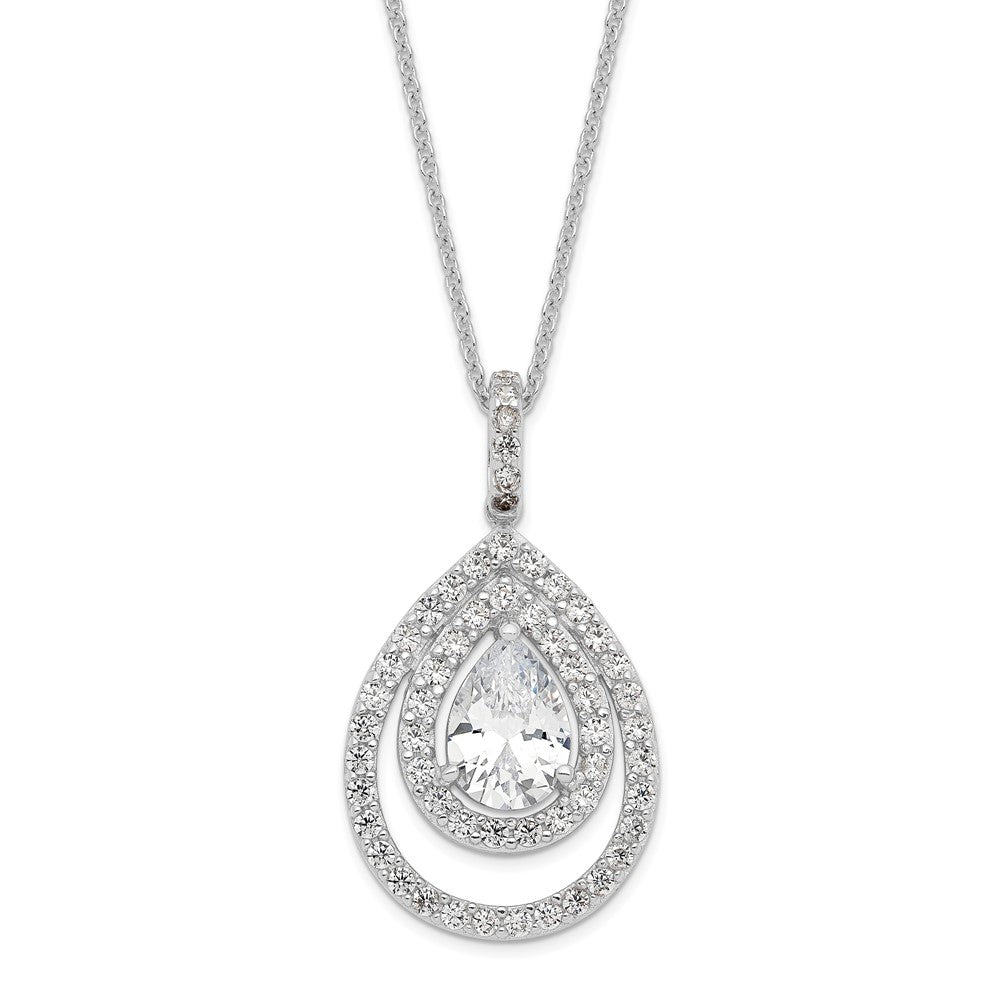 Sterling Silver Cheryl M Rhodium-Plated Brilliant-Cut Cz Double Halo Pear Shaped 18 Inch Necklace
