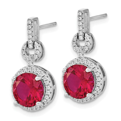 Sterling Silver Cheryl M Rhodium-Plated Brilliant-Cut Lab Created Ruby And White Cz Round Halo Post Dangle Earrings