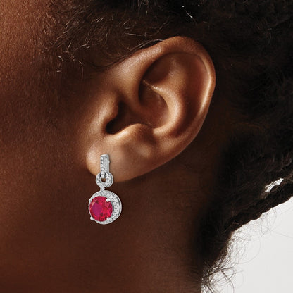 Sterling Silver Cheryl M Rhodium-Plated Brilliant-Cut Lab Created Ruby And White Cz Round Halo Post Dangle Earrings