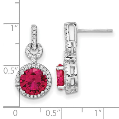 Sterling Silver Cheryl M Rhodium-Plated Brilliant-Cut Lab Created Ruby And White Cz Round Halo Post Dangle Earrings