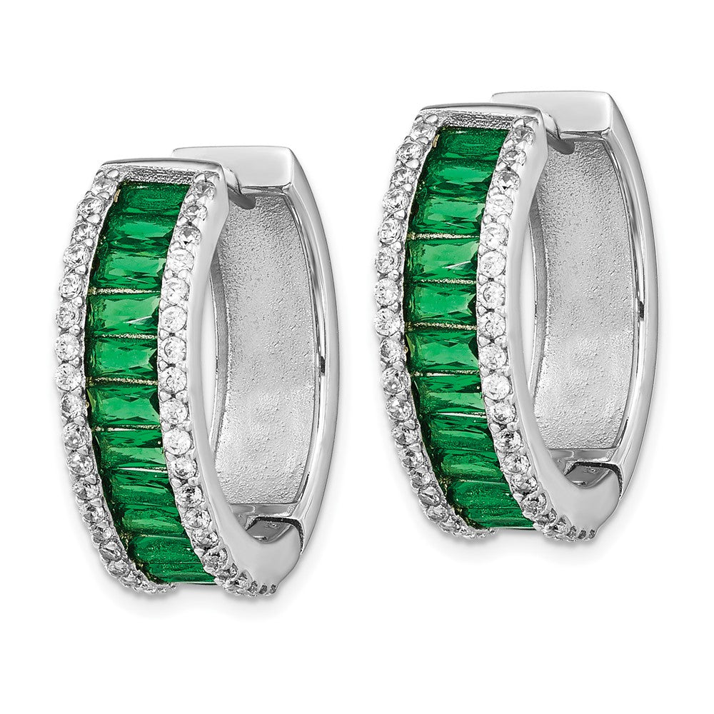Sterling Silver Cheryl M Rhodium-Plated Emerald-Cut Green Nano Crystal And Brilliant-Cut White Cz Round Hinged Hoop Earrings