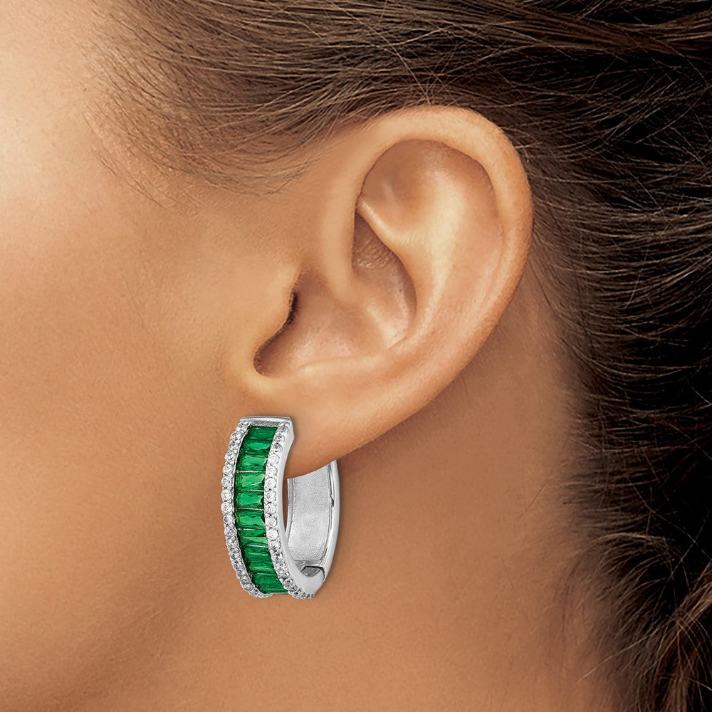 Sterling Silver Cheryl M Rhodium-Plated Emerald-Cut Green Nano Crystal And Brilliant-Cut White Cz Round Hinged Hoop Earrings