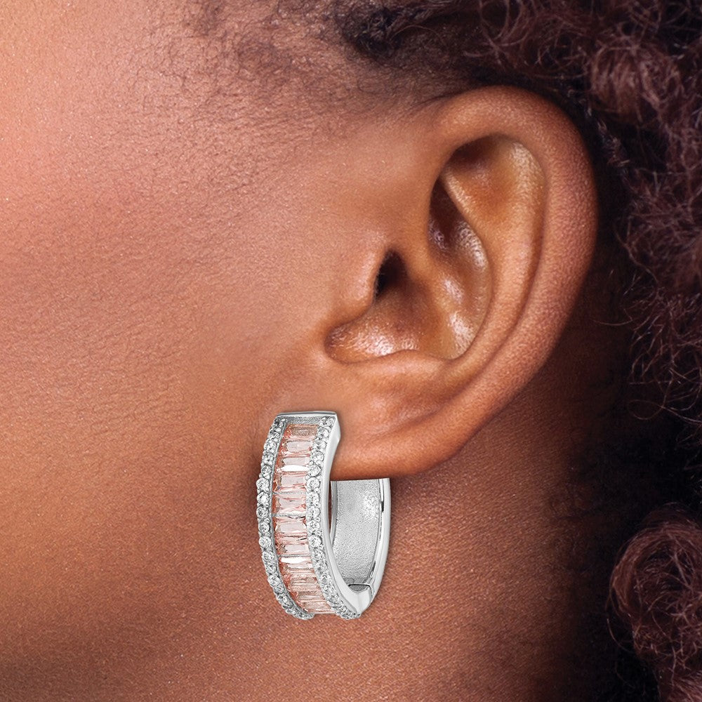 Sterling Silver Cheryl M Rhodium-Plated Emerald-Cut Pink Nano Crystal And White Brilliant-Cut Cz Round Hinged Hoop Earrings