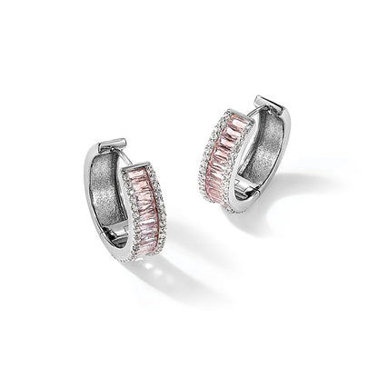 Sterling Silver Cheryl M Rhodium-Plated Emerald-Cut Pink Nano Crystal And White Brilliant-Cut Cz Round Hinged Hoop Earrings