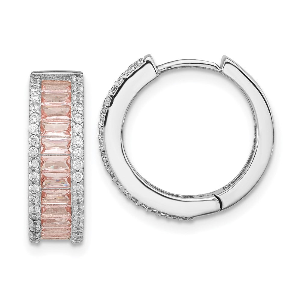 Sterling Silver Cheryl M Rhodium-Plated Emerald-Cut Pink Nano Crystal And White Brilliant-Cut Cz Round Hinged Hoop Earrings
