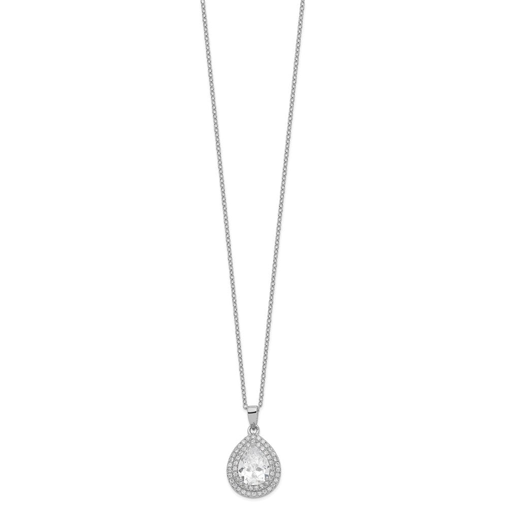Sterling Silver Cheryl M Rhodium-Plated Brilliant-Cut Pear Shaped Cz Double Halo 18 Inch Necklace With 2 Extender