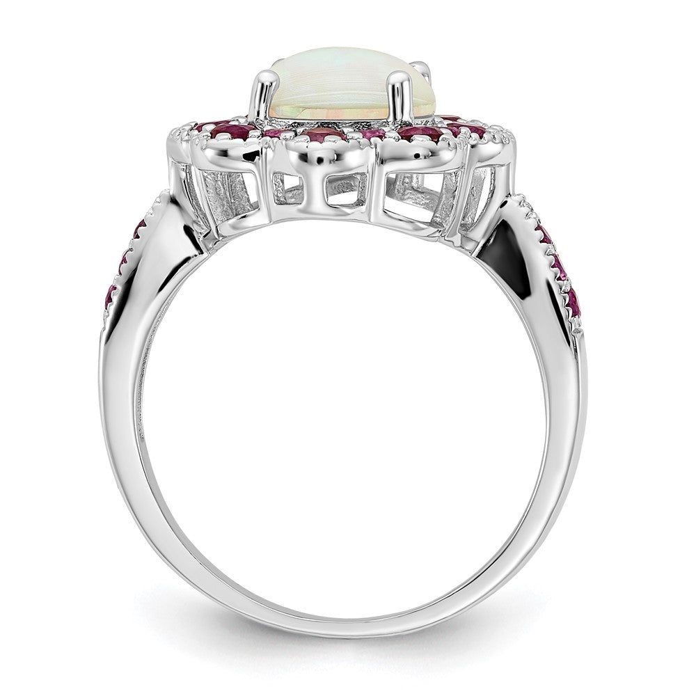 Sterling Silver Cheryl M Rhodium-Plated Cabochon Lab Created Opal And Brilliant-Cut Red Nano Crystal Flower Ring