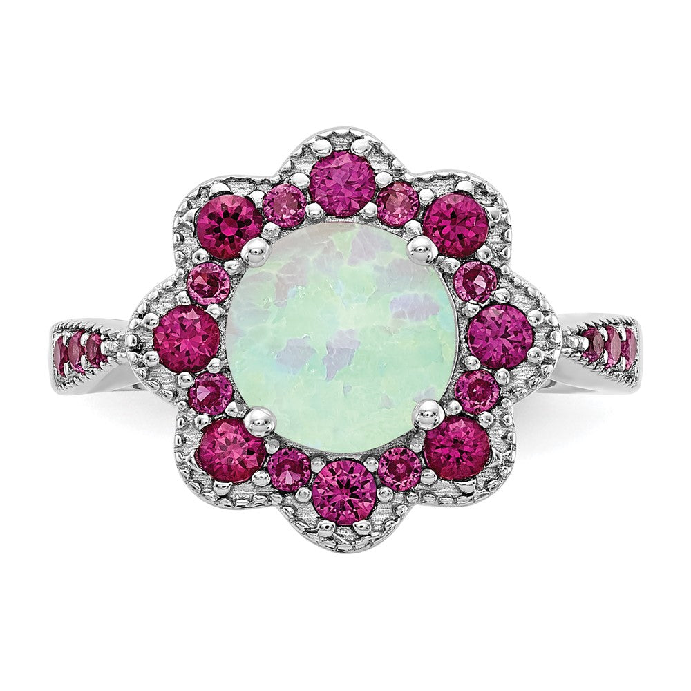 Sterling Silver Cheryl M Rhodium-Plated Cabochon Lab Created Opal And Brilliant-Cut Red Nano Crystal Flower Ring