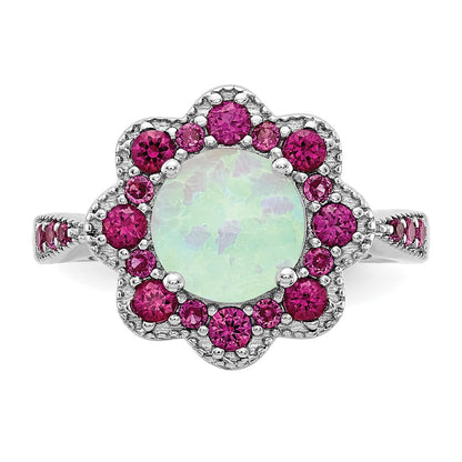 Sterling Silver Cheryl M Rhodium-Plated Cabochon Lab Created Opal And Brilliant-Cut Red Nano Crystal Flower Ring