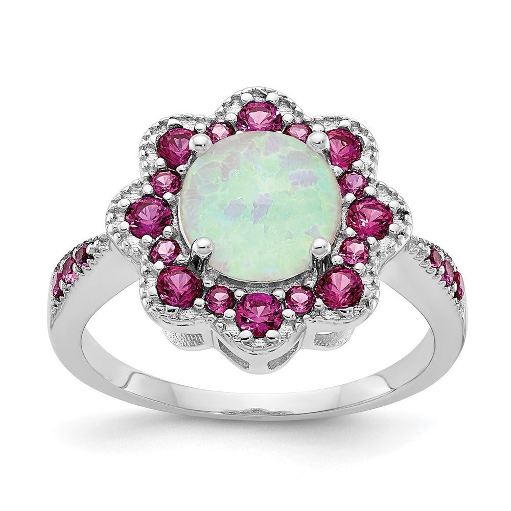 Sterling Silver Cheryl M Rhodium-Plated Cabochon Lab Created Opal And Brilliant-Cut Red Nano Crystal Flower Ring