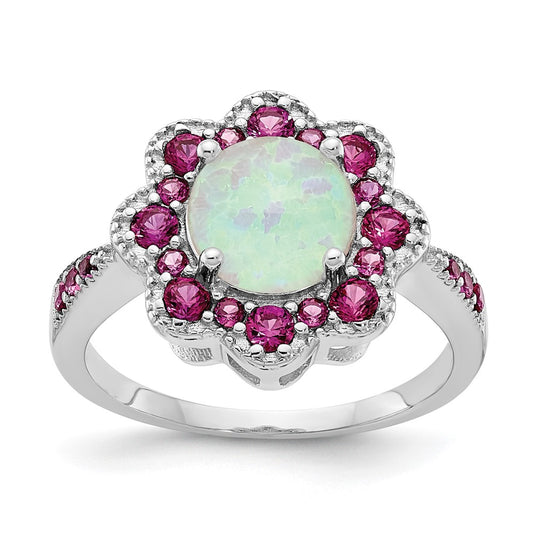 Sterling Silver Cheryl M Rhodium-Plated Cabochon Lab Created Opal And Brilliant-Cut Red Nano Crystal Flower Ring