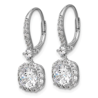 Sterling Silver Cheryl M Rh-Pltd Cushion-Cut CZ Halo Dangle Leverback Earrings