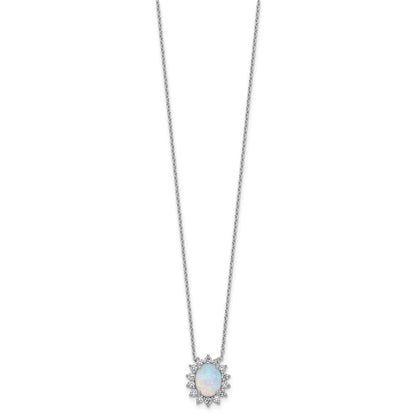 Sterling Silver Cheryl M Rhodium Plated Created Opal & CZ Oval Halo Necklace