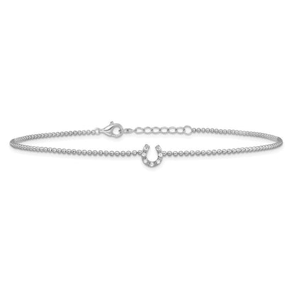 Sterling Silver Cheryl M Rh-Pltd CZ Horseshoe 9.5in W/ 1in Ext Anklet