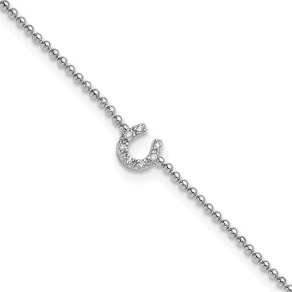 Sterling Silver Cheryl M Rh-Pltd CZ Horseshoe 9.5in W/ 1in Ext Anklet