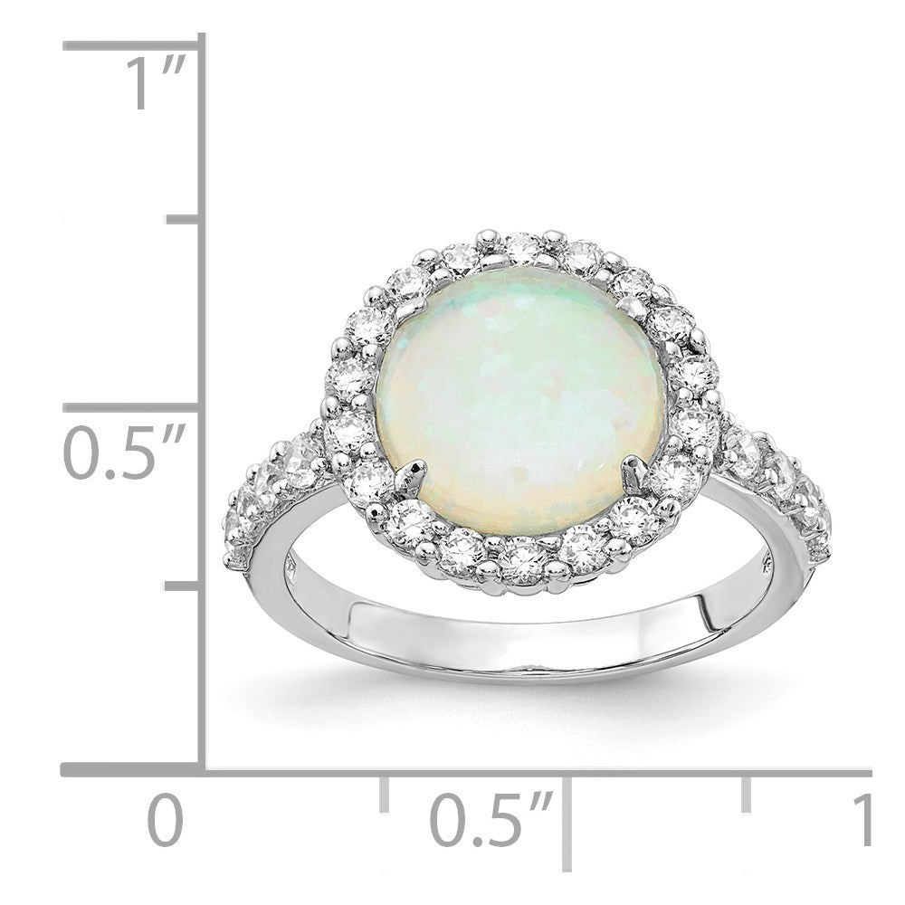 Sterling Silver Cheryl M Rhodium-Plated Cabochon Lab Created Opal And Brilliant-Cut Cz Halo Ring