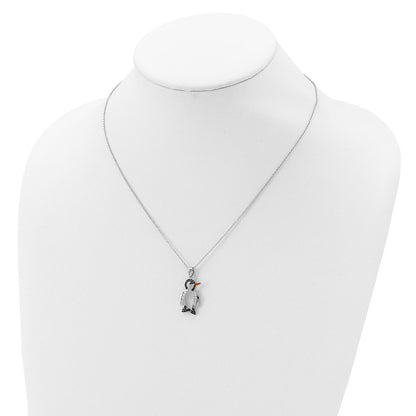 Sterling Silver Cheryl M Rhodium-Plated With Black Rhodium Accent Enameled Brilliant-Cut And White Cz Penguin 18 Inch Necklace