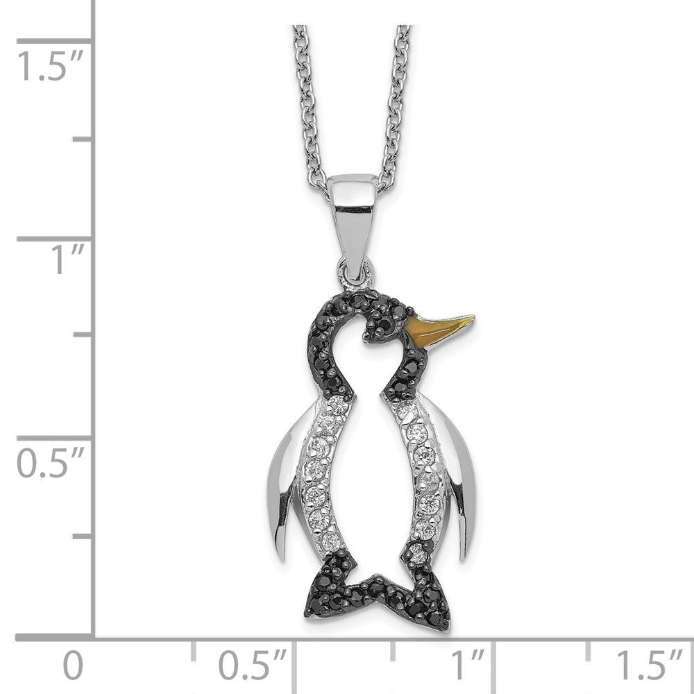 Sterling Silver Cheryl M Rhodium-Plated With Black Rhodium Accent Enameled Brilliant-Cut And White Cz Penguin 18 Inch Necklace