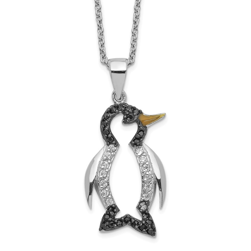 Sterling Silver Cheryl M Rhodium-Plated With Black Rhodium Accent Enameled Brilliant-Cut And White Cz Penguin 18 Inch Necklace