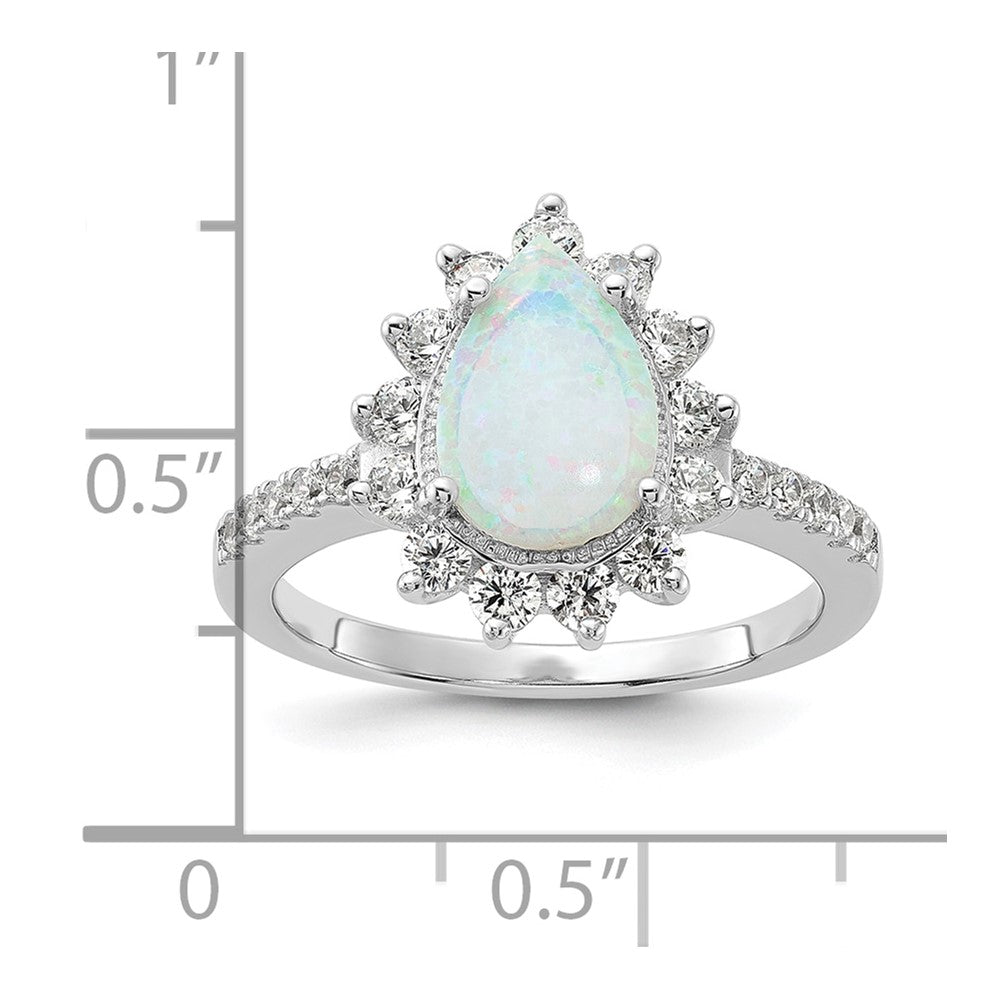 Sterling Silver Cheryl M Rhodium-Plated Cabochon Lab Created Opal And Brilliant-Cut Cz Teardrop Halo Ring