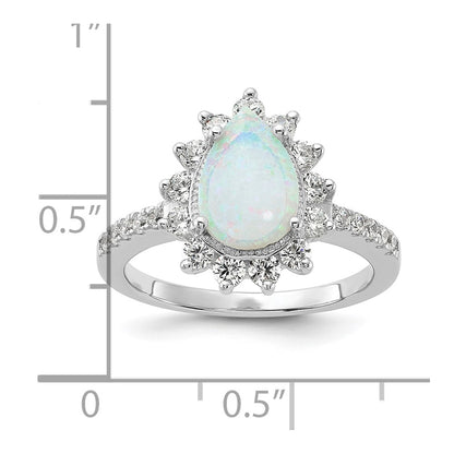 Sterling Silver Cheryl M Rhodium-Plated Cabochon Lab Created Opal And Brilliant-Cut Cz Teardrop Halo Ring