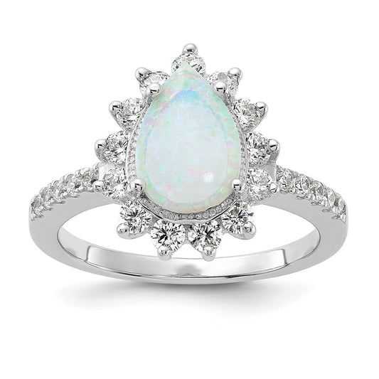 Sterling Silver Cheryl M Rhodium-Plated Cabochon Lab Created Opal And Brilliant-Cut Cz Teardrop Halo Ring