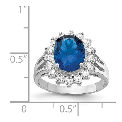 Sterling Silver Cheryl M Rhodium-Plated Brilliant-Cut Lab Created Dark Blue Spinel And White Cz Oval Halo Ring