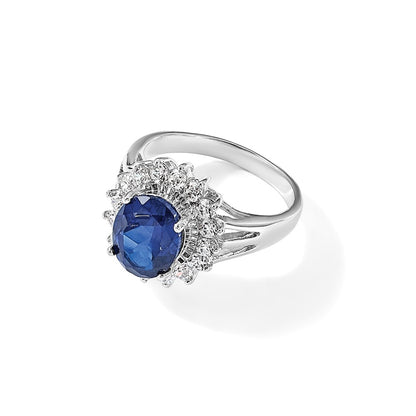 Sterling Silver Cheryl M Rhodium-Plated Brilliant-Cut Lab Created Dark Blue Spinel And White Cz Oval Halo Ring