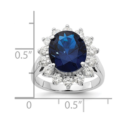 Sterling Silver Cheryl M Rhodium-Plated Brilliant-Cut Lab Created Dark Blue Spinel And White Cz Oval Halo Ring